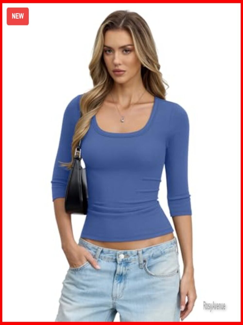 Cotton Ribbed 3/4 Sleeve Scoop Neck Slim Fit T-Shirt Y2K Style - Picture 4 of 7
